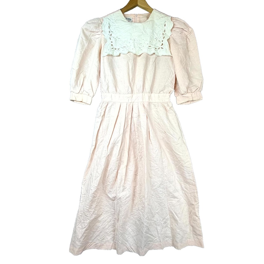 Vintage R.E.O. Originals Dress Womens S Pink Bib Collar Lacey Housewife 80s